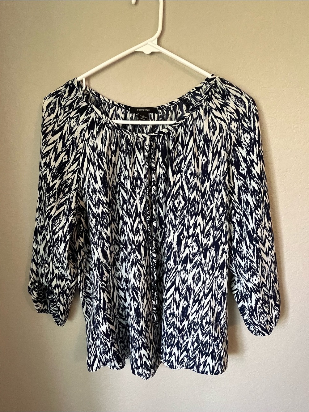 Espresso Blue White Abstract Print Peasant Blouse Women's Large 3/4 Sleeve